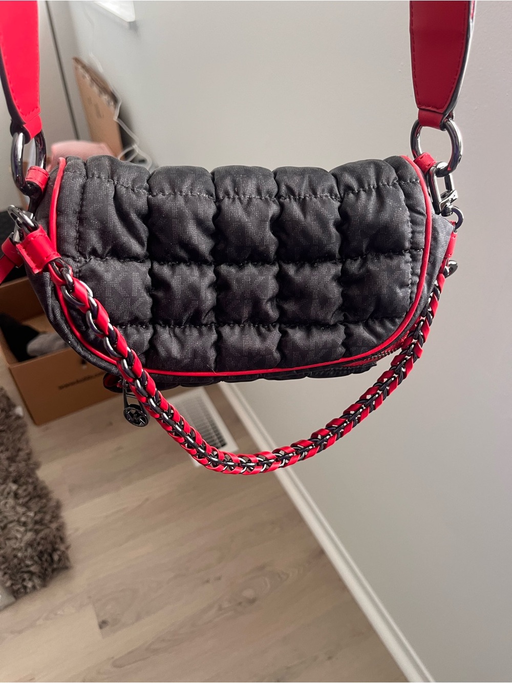 Michael Kors Black Quilted Crossbody with Red Logo Strap
